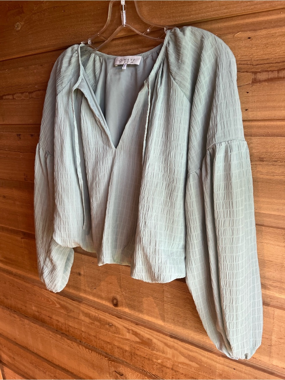 WAYF - Mint Green Peasant Bubble Blouse with V-Neck - Picture 3 of 6